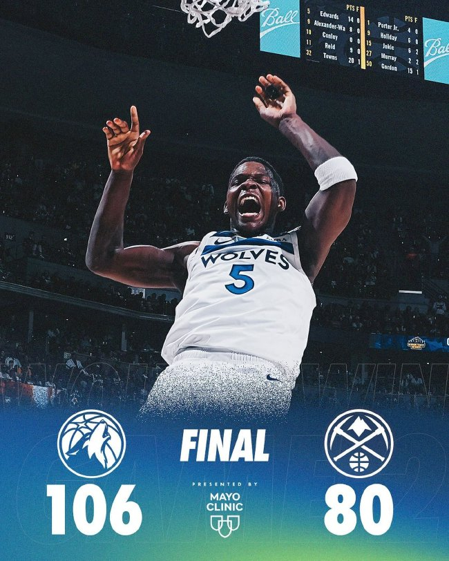 爱德华兹27+7唐斯27+12 森林狼客场26分大胜掘金2-0