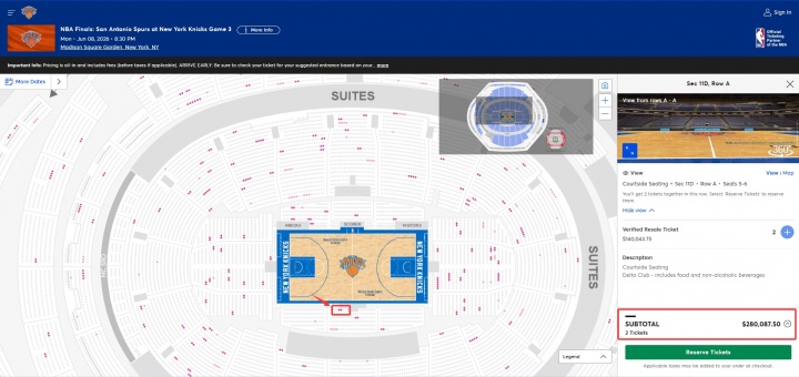 G3场边第二排双座标价28万美元 创NBA季后赛票价新高