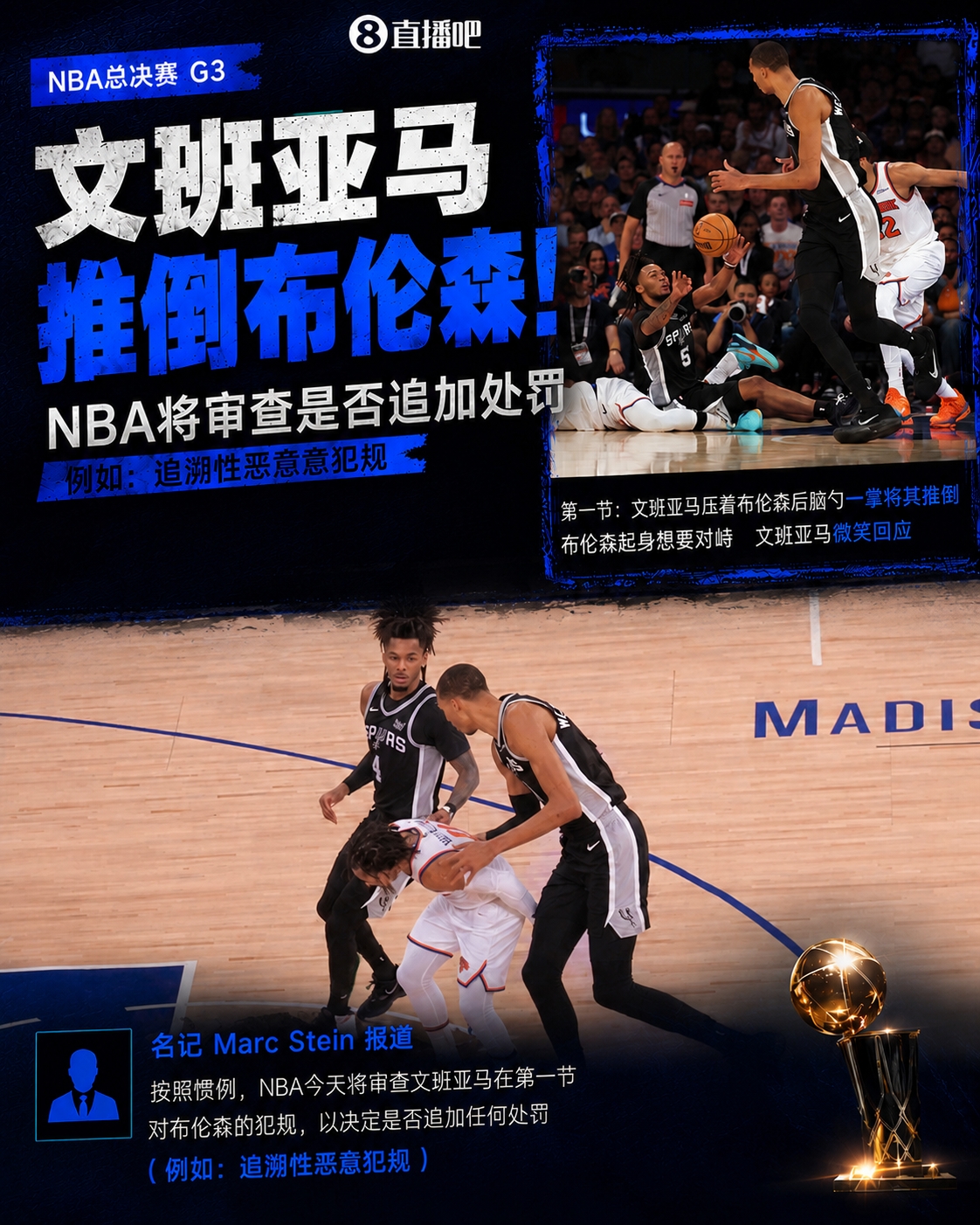 NBA将审查文班亚马压头推倒布伦森 或追加恶意犯规 NBA将审查文班亚马压头推倒布伦森 或追加恶意犯规