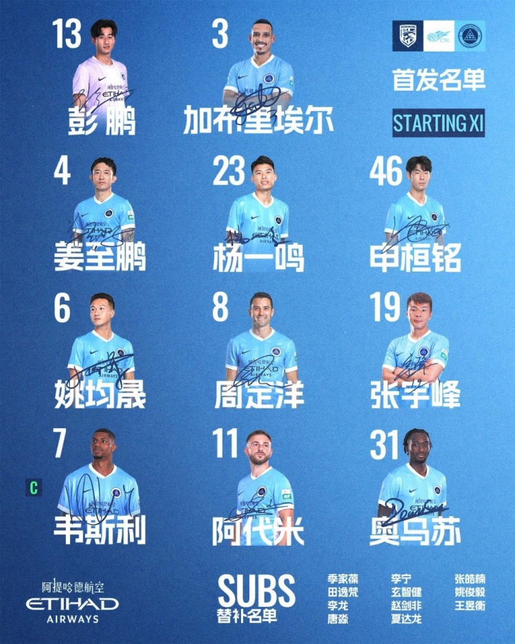 深圳新鹏城客战武汉三镇首发：加布里埃尔韦斯利领衔，姜至鹏出战